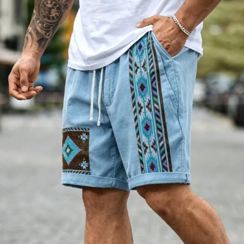 Men's Ethnic Geometric Print Drawstring Denim Casual Shorts
