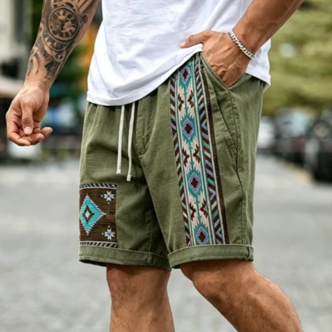 Men's Ethnic Geometric Print Drawstring Denim Casual Shorts