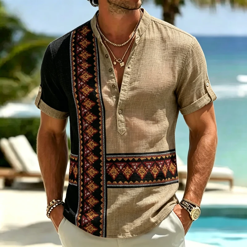 Men's Ethnic Geometric Print Patchwork Mandarin Collar Linen Short Sleeve Shirt