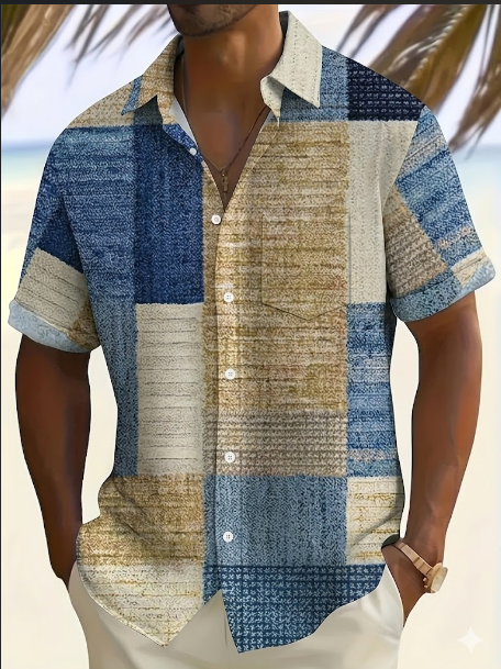 Men's Plaid Patchwork Print Short Sleeve Button Down Resort Shirt