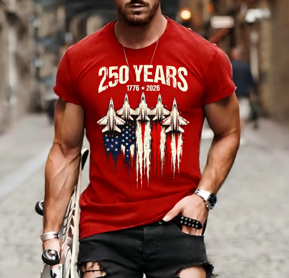 Men's 250 Years USA Fighter Jet Flag Patriotic Short Sleeve Tee