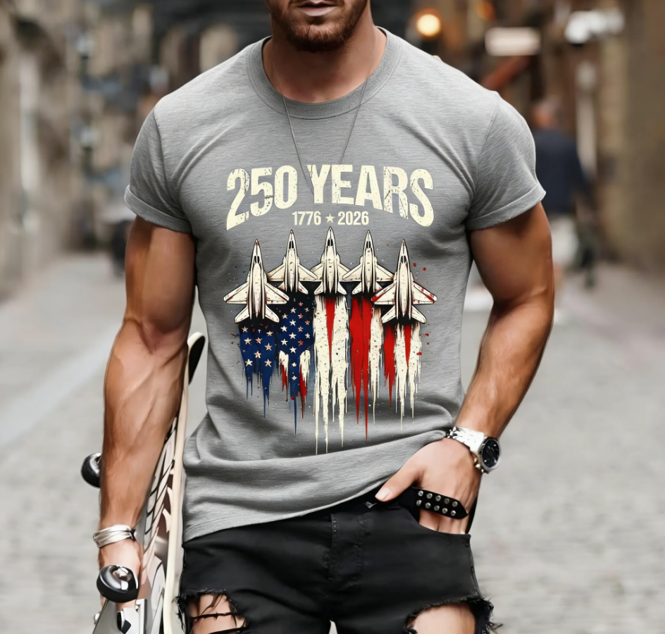 Men's 250 Years USA Fighter Jet Flag Patriotic Short Sleeve Tee