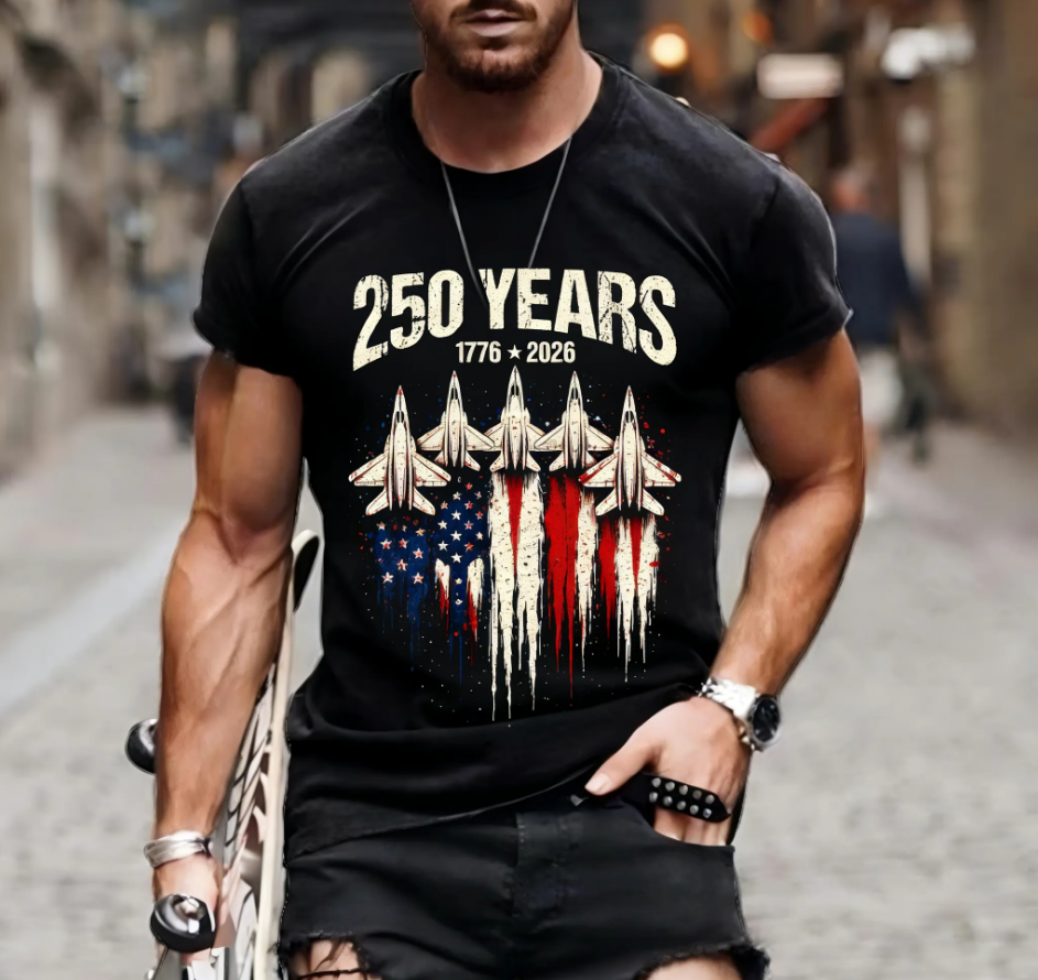 Men's 250 Years USA Fighter Jet Flag Patriotic Short Sleeve Tee