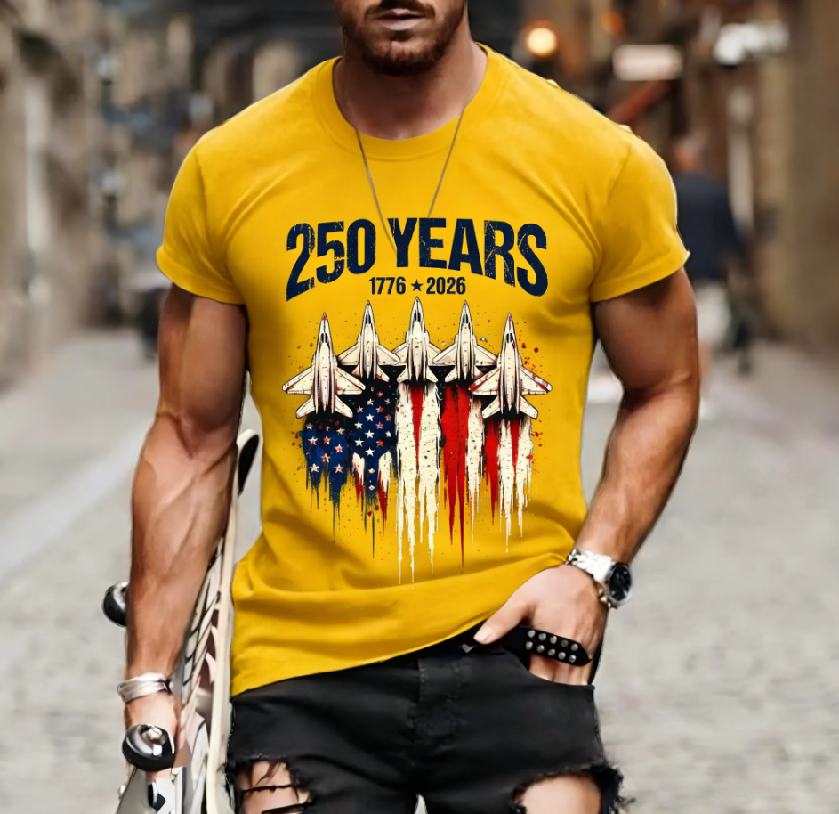 Men's 250 Years USA Fighter Jet Flag Patriotic Short Sleeve Tee