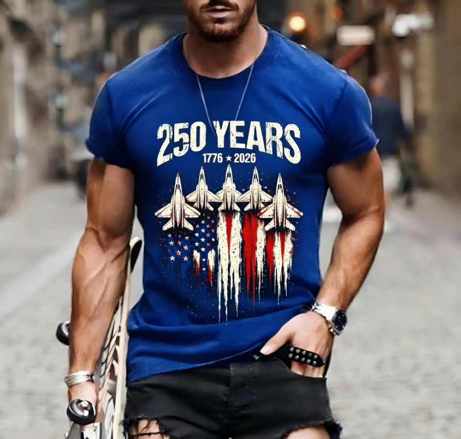 Men's 250 Years USA Fighter Jet Flag Patriotic Short Sleeve Tee