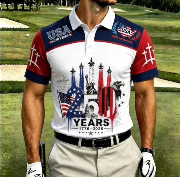 Men's Shiny Wave Star Flag Print Patriotic Golf Polo Shirt