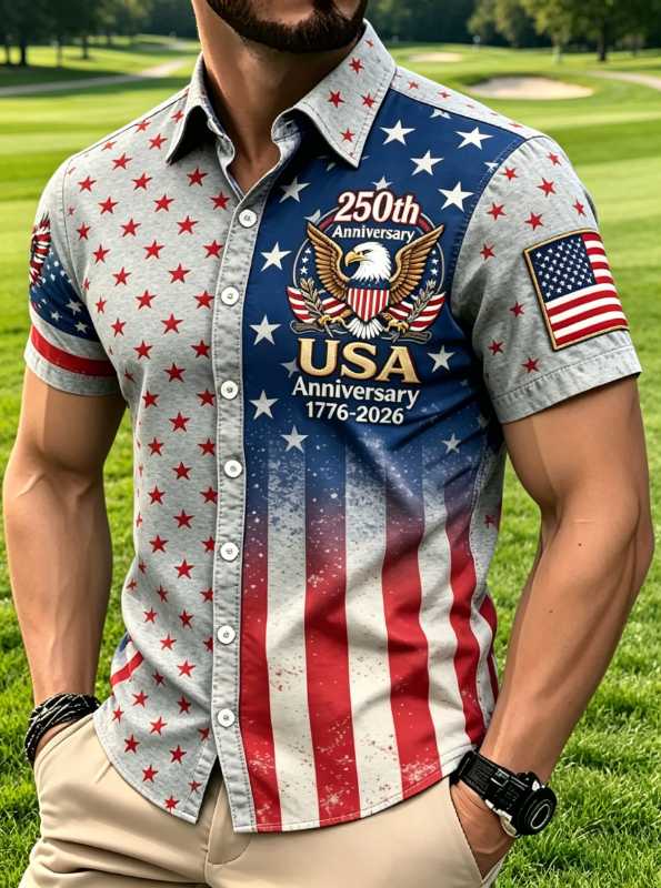 Men's Eagle Emblem Split Star Stripe Print Short Sleeve Button Down Shirt