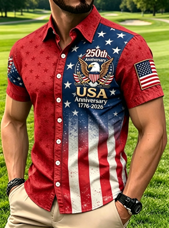Men's Eagle Emblem Split Star Stripe Print Short Sleeve Button Down Shirt