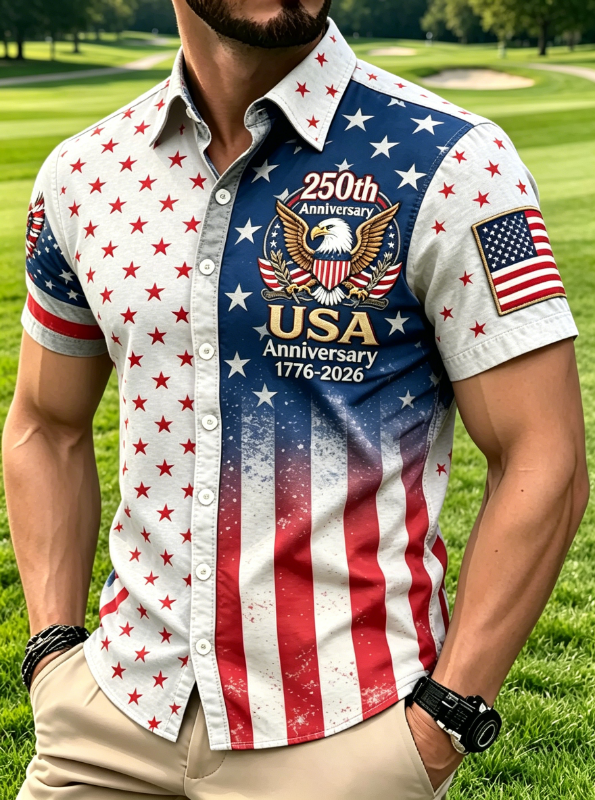 Men's Eagle Emblem Split Star Stripe Print Short Sleeve Button Down Shirt
