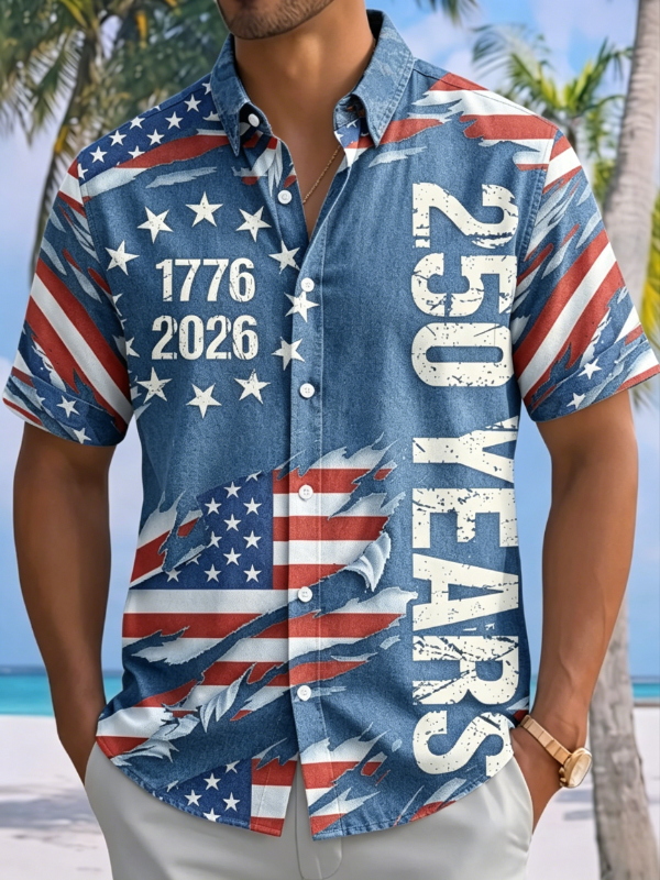 Men's Vintage Torn Flag Letter Print Short Sleeve Resort Button Shirt