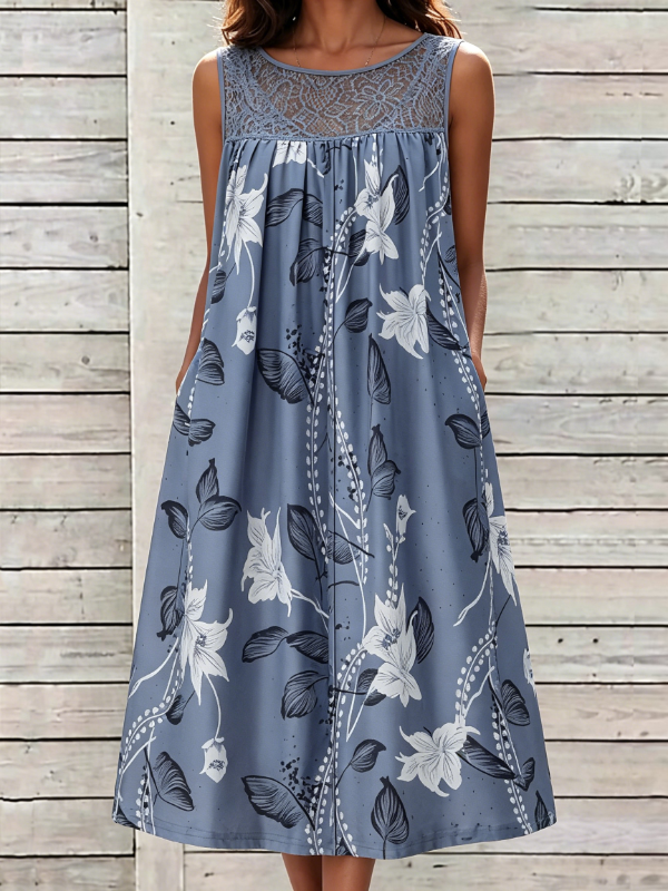 Women's Lace Panel Floral Print Sleeveless Resort Midi Dress