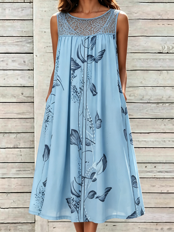 Women's Lace Panel Floral Print Sleeveless Resort Midi Dress