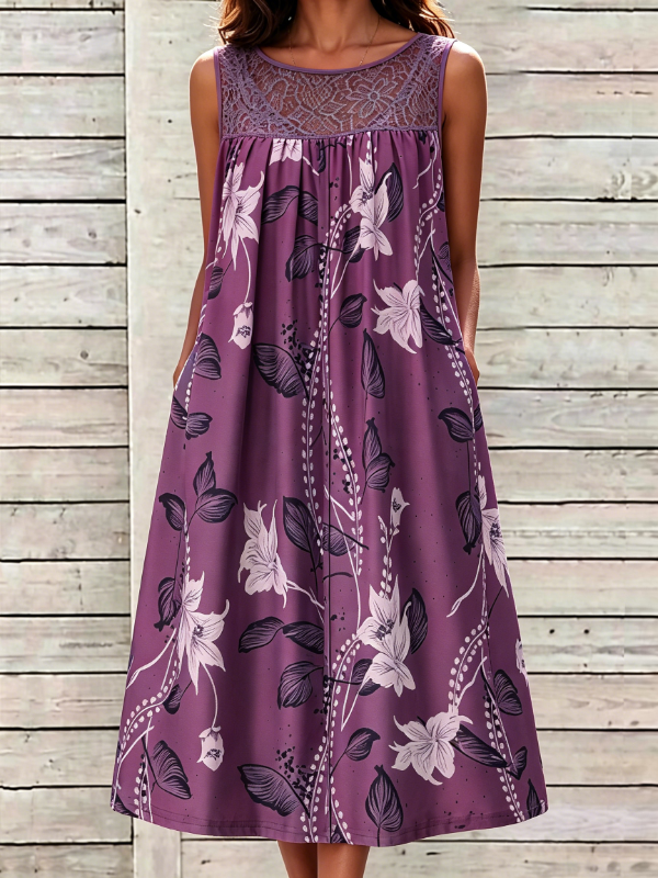 Women's Lace Panel Floral Print Sleeveless Resort Midi Dress