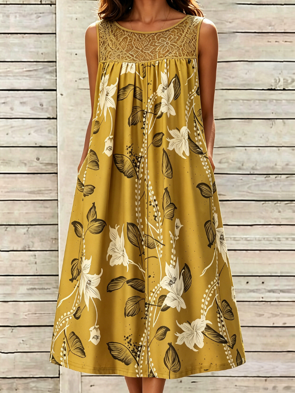 Women's Lace Panel Floral Print Sleeveless Resort Midi Dress