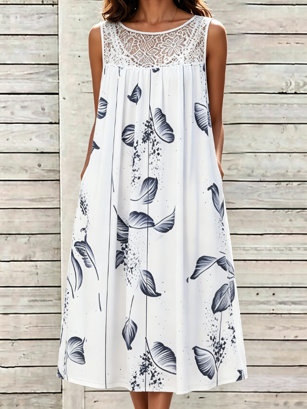Women's Lace Panel Floral Print Sleeveless Resort Midi Dress