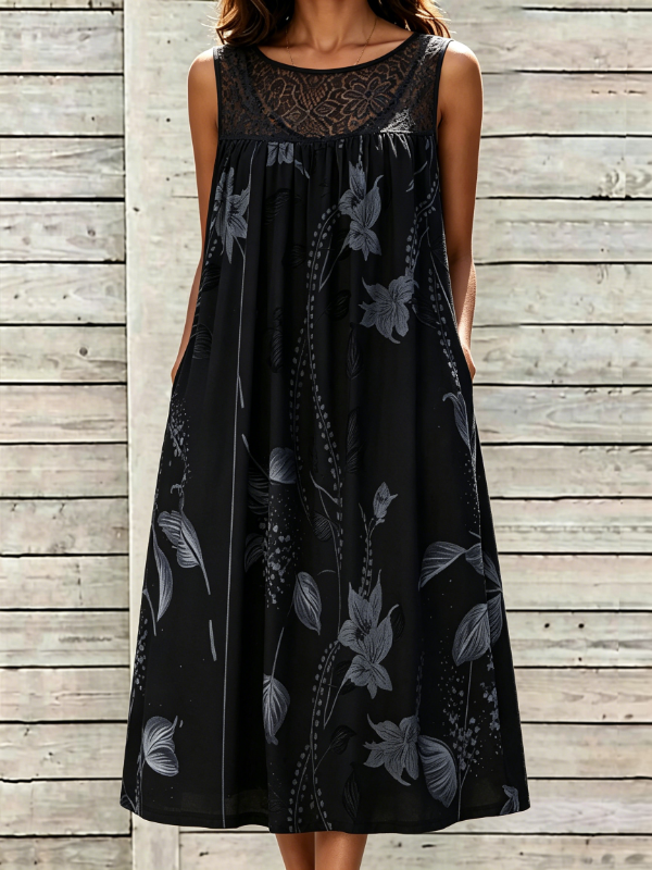 Women's Lace Panel Floral Print Sleeveless Resort Midi Dress