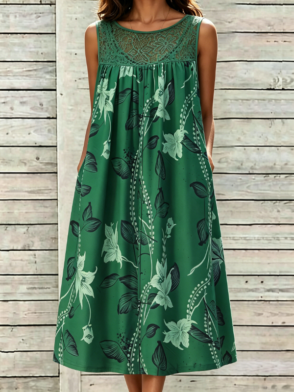 Women's Lace Panel Floral Print Sleeveless Resort Midi Dress
