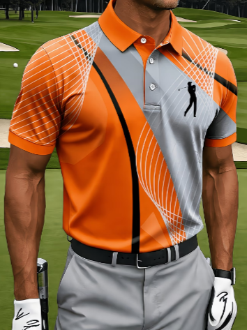 Men's Gradient Grid Golfer Silhouette Quick Dry Performance Golf Polo Shirt
