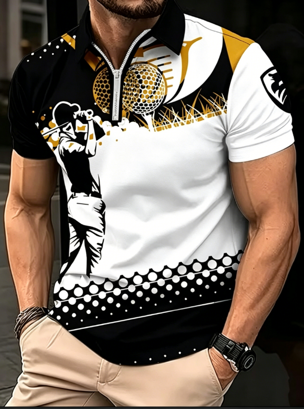 Men's Abstract Gold Line Print Short Sleeve Polo Shirt