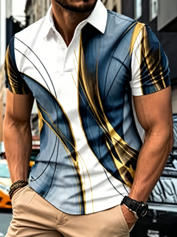 Men's Abstract Gold Line Print Short Sleeve Polo Shirt