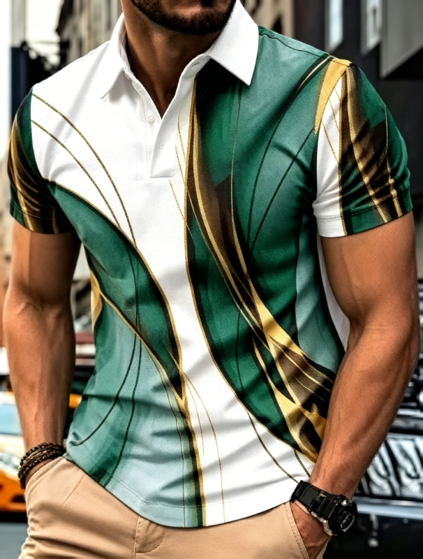 Men's Abstract Gold Line Print Short Sleeve Polo Shirt