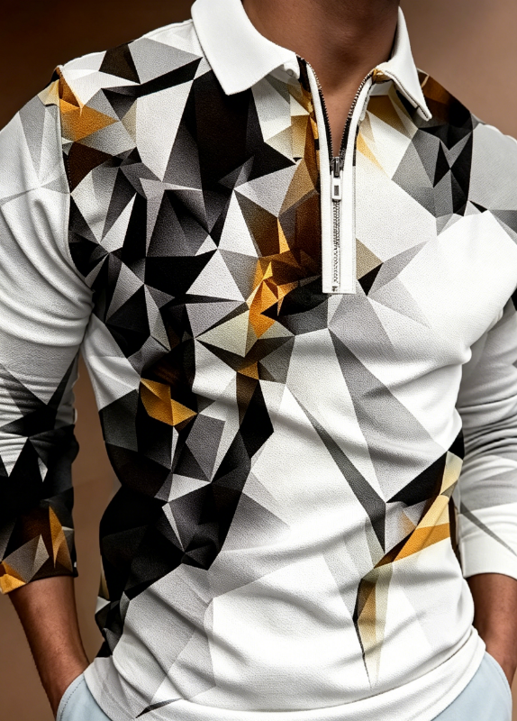 Men's Abstract Gold Line Print Short Sleeve Polo Shirt
