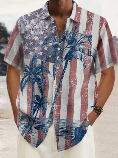 Men's Vintage Flag Palm Tree Short Sleeve Button Down Beach Shirt
