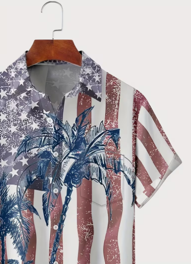 Men's Vintage Flag Palm Tree Short Sleeve Button Down Beach Shirt