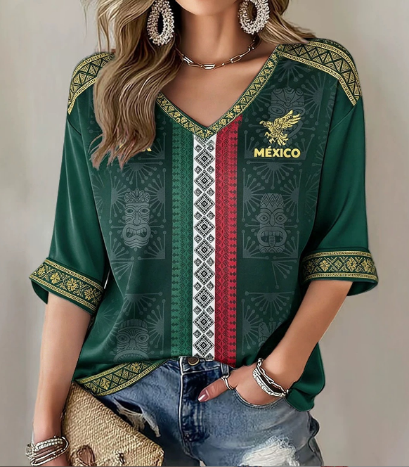 Women's Mexico Aztec Eagle Flag V-Neck 3/4 Sleeve Casual Top
