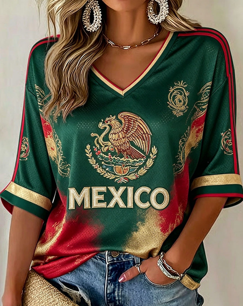 Women's Mexico Aztec Eagle Flag V-Neck 3/4 Sleeve Casual Top
