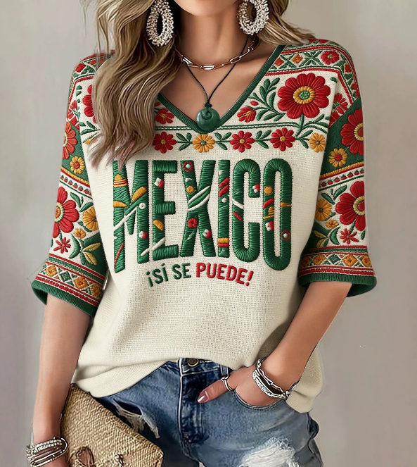 Women's Mexico Aztec Eagle Flag V-Neck 3/4 Sleeve Casual Top