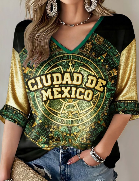 Women's Mexico Aztec Eagle Flag V-Neck 3/4 Sleeve Casual Top