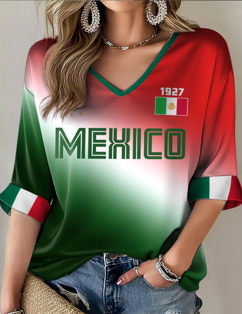 Women's Mexico Aztec Eagle Flag V-Neck 3/4 Sleeve Casual Top