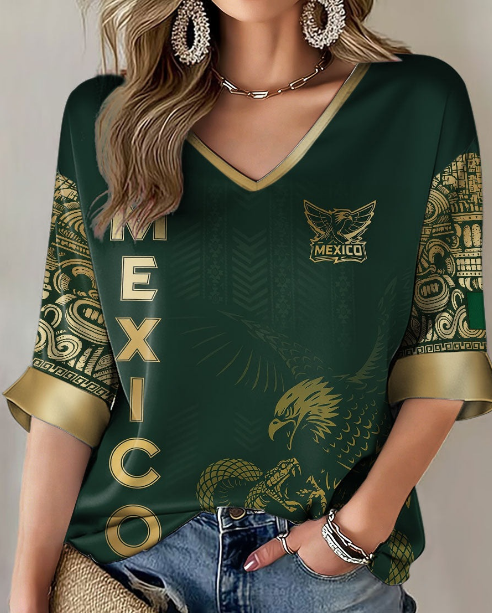 Women's Mexico Aztec Eagle Flag V-Neck 3/4 Sleeve Casual Top