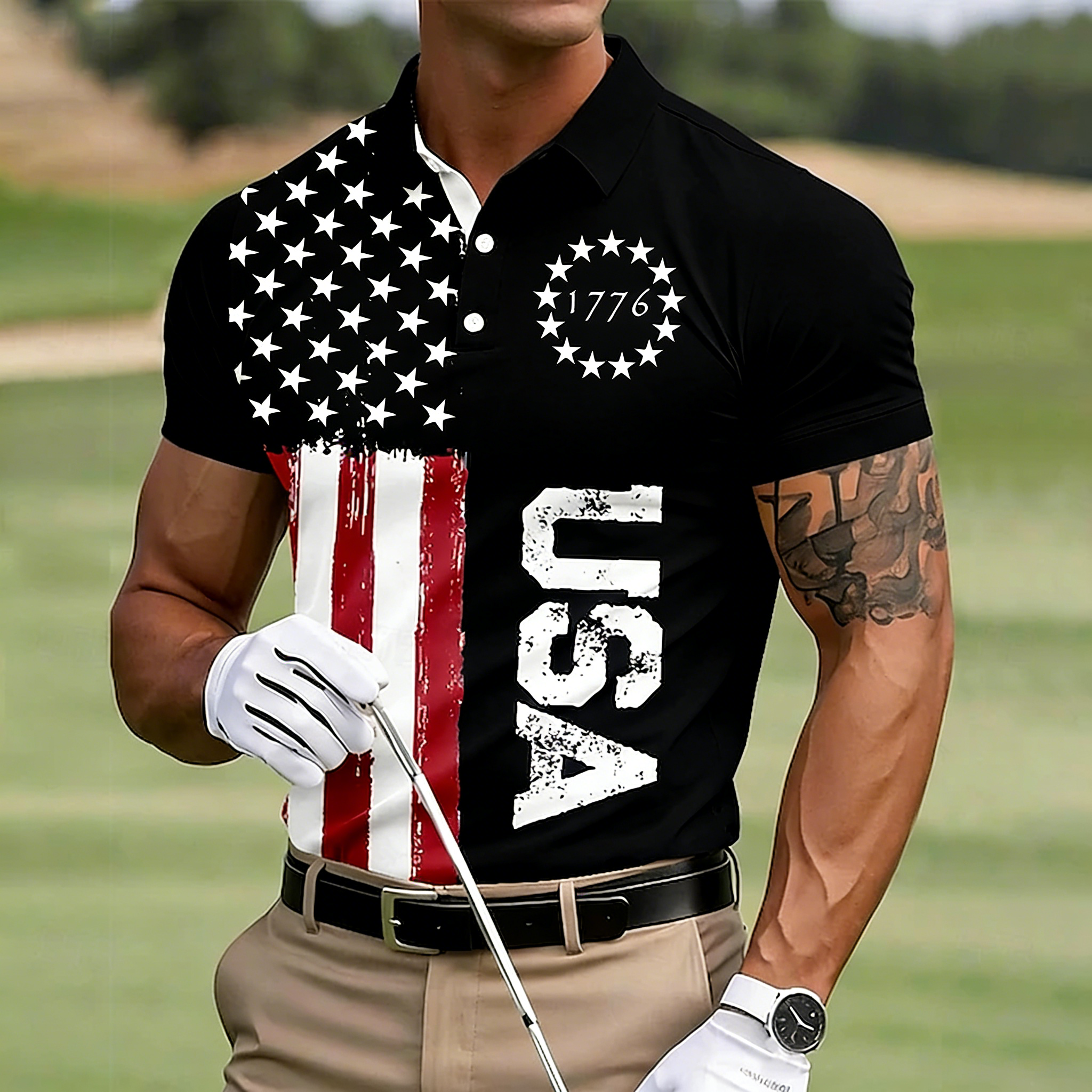 Men's Vintage Distressed USA Star Stripe Print Patriotic Golf Polo Shirt