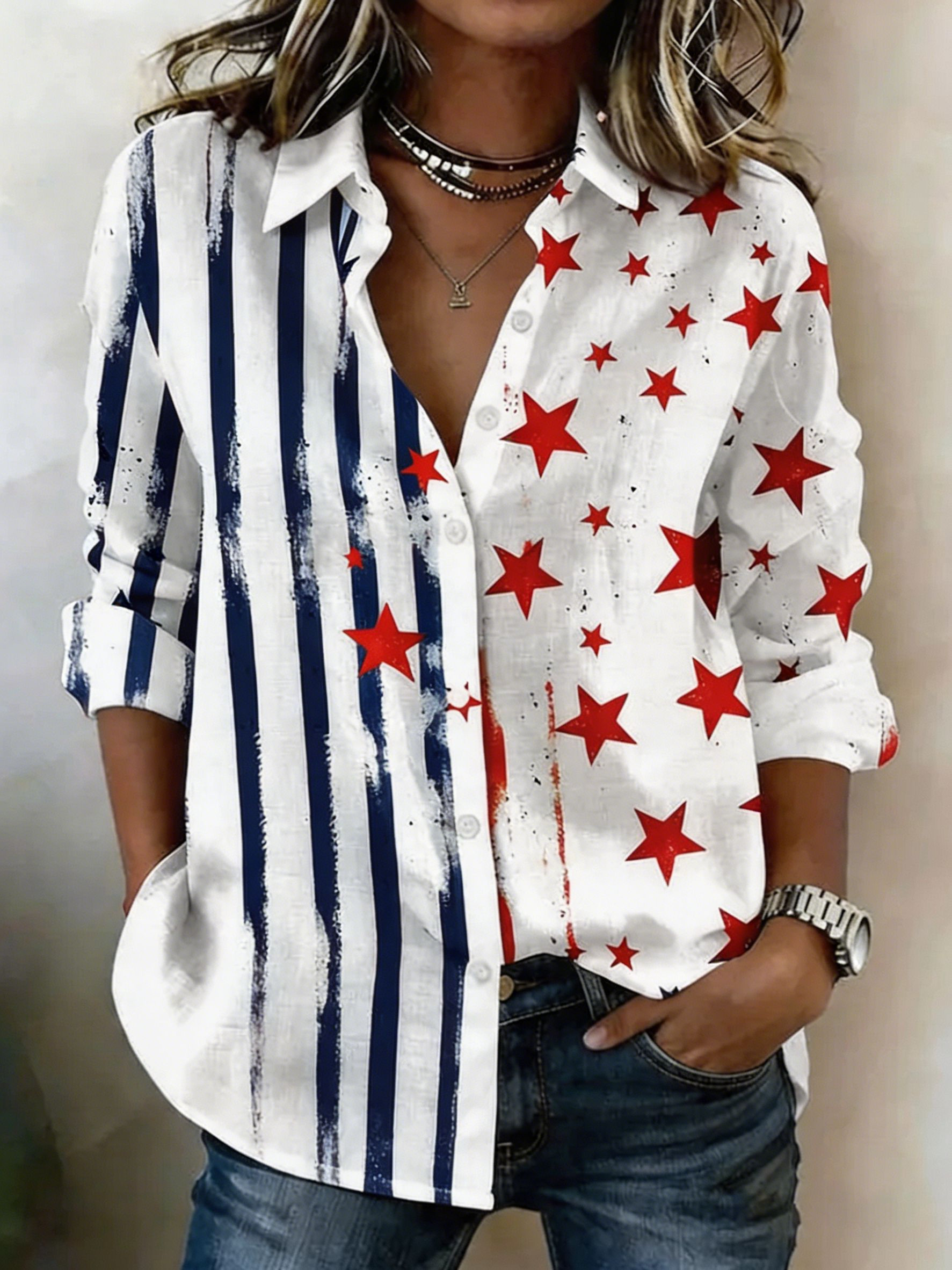 Patriotic Star & Stripe Print Casual Shirt, Vintage USA Flag Inspired Button-Up Top
