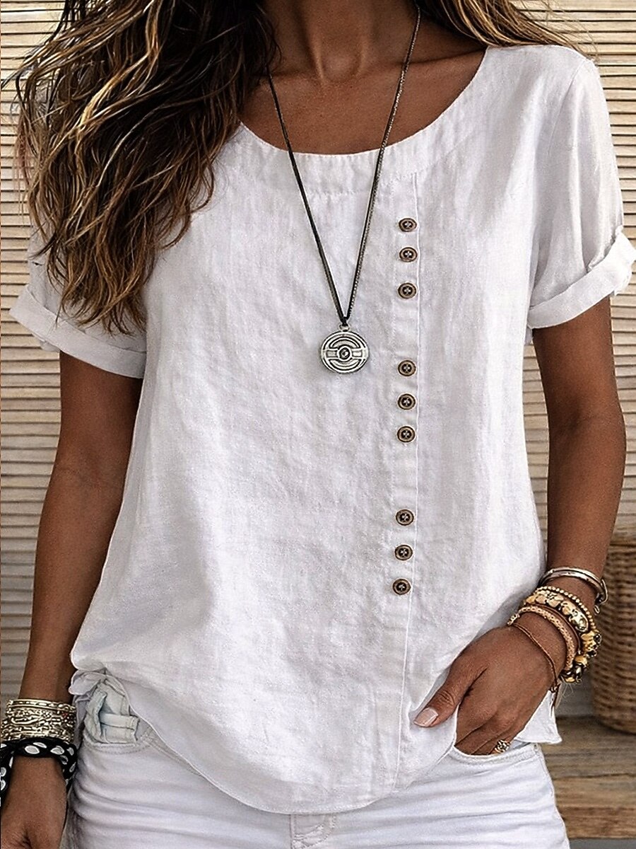 Women's Solid White Round Neck Vertical Decorative Button Rolled Cuff Short Sleeve Casual Top