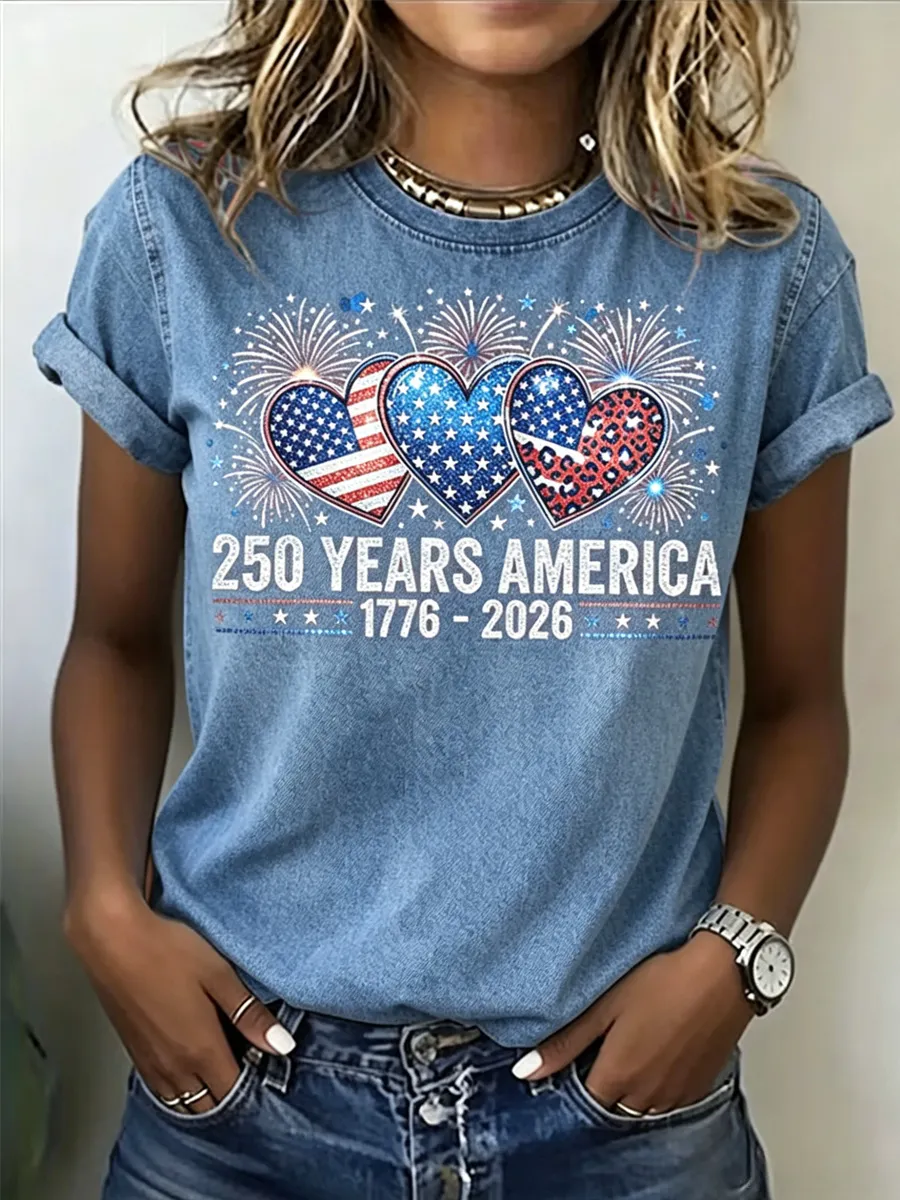 Women’s 250th Independence Day T-Shirt, Patriotic Heart & Fireworks Print Short Sleeve Tee