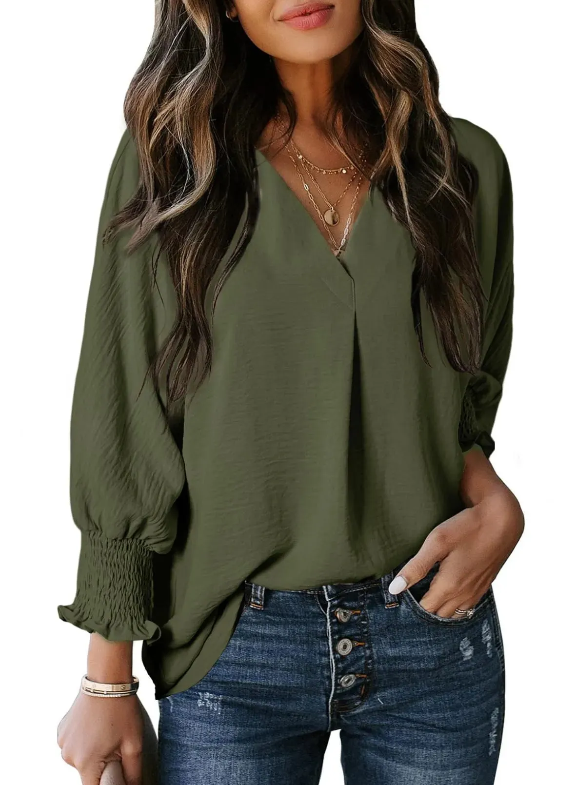 WOMENS CASUAL 3/4 SLEEVE V NECK LOOSE FIT BASIC TEES