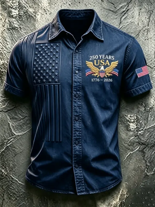 Men's Patriotic Fringe Flag Denim Button-Up Shirt | 250th Anniversary Edition
