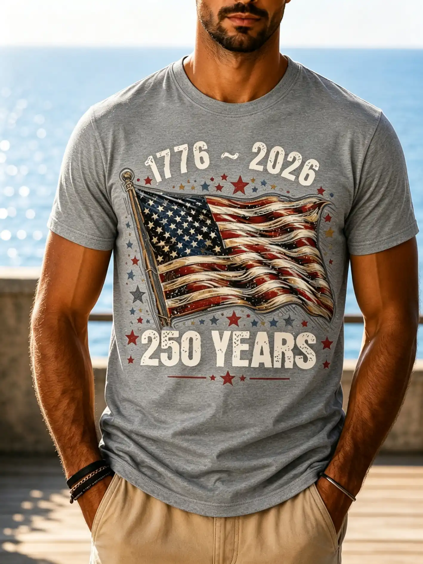 Men's Vintage Distressed USA Flag 1776-2026 250 Years Crew Neck Short Sleeve Casual Tee