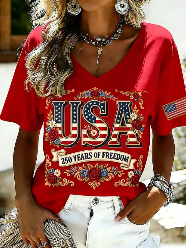 Women's Patriotic Floral USA Short Sleeve T-Shirt