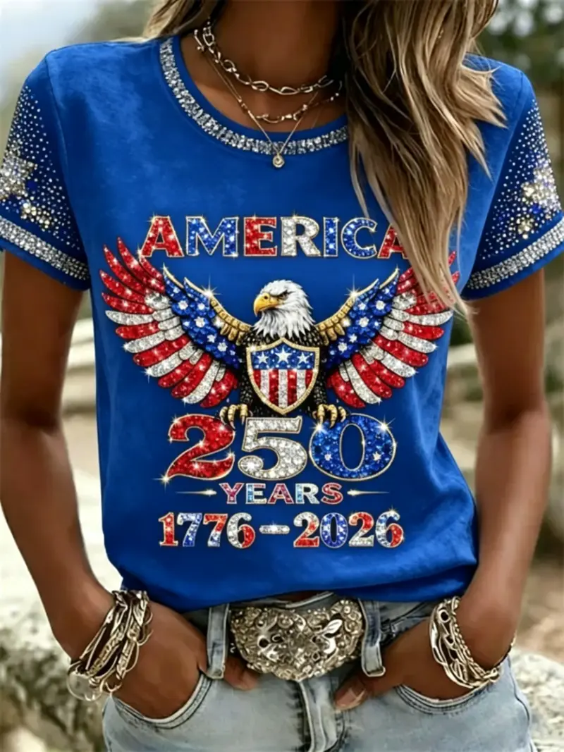 Women's Patriotic Eagle Rhinestone Short Sleeve T-Shirt