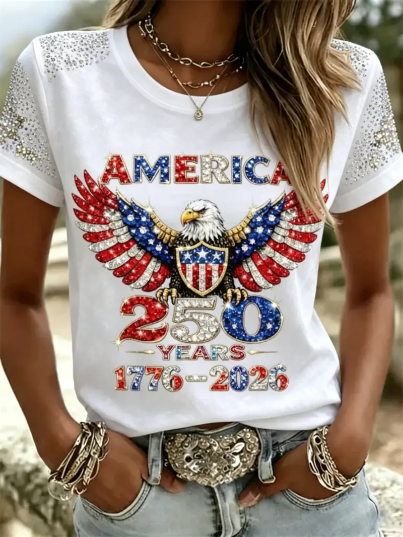 Women's Patriotic Eagle Rhinestone Short Sleeve T-Shirt