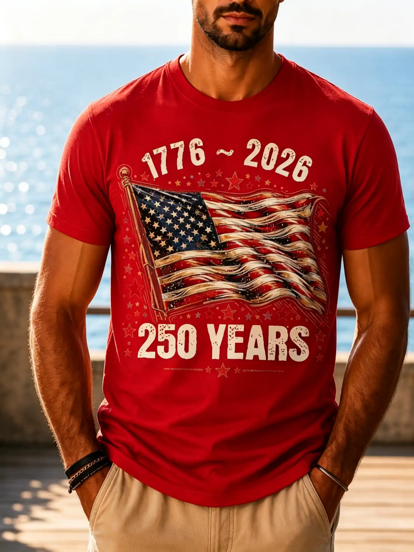 Men's Vintage Distressed USA Flag 1776-2026 250 Years Crew Neck Short Sleeve Casual Tee