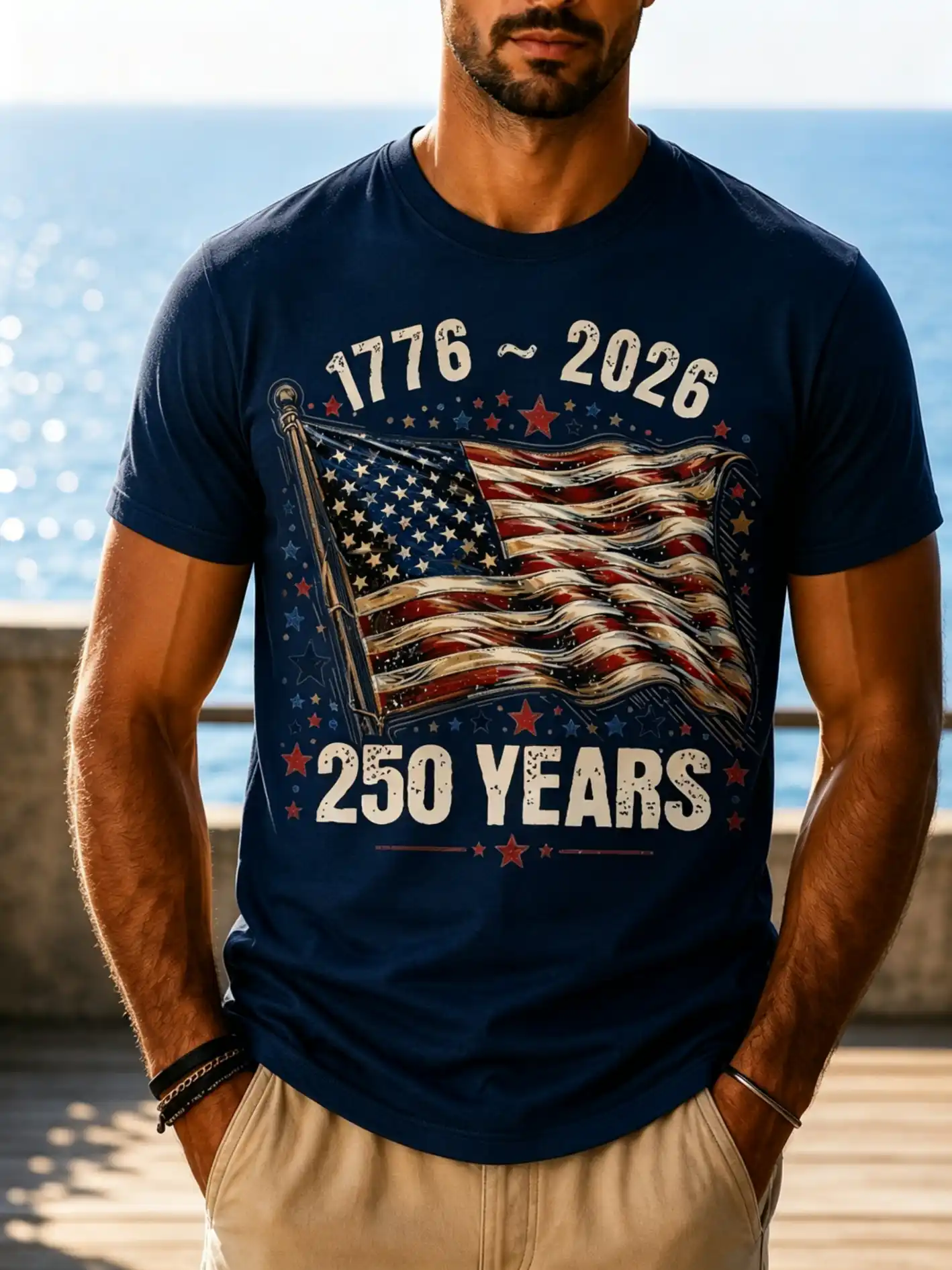 Men's Vintage Distressed USA Flag 1776-2026 250 Years Crew Neck Short Sleeve Casual Tee