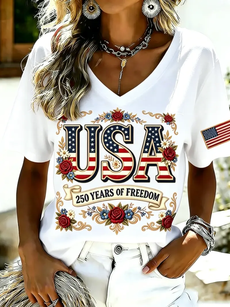 Women's Patriotic Floral USA Short Sleeve T-Shirt