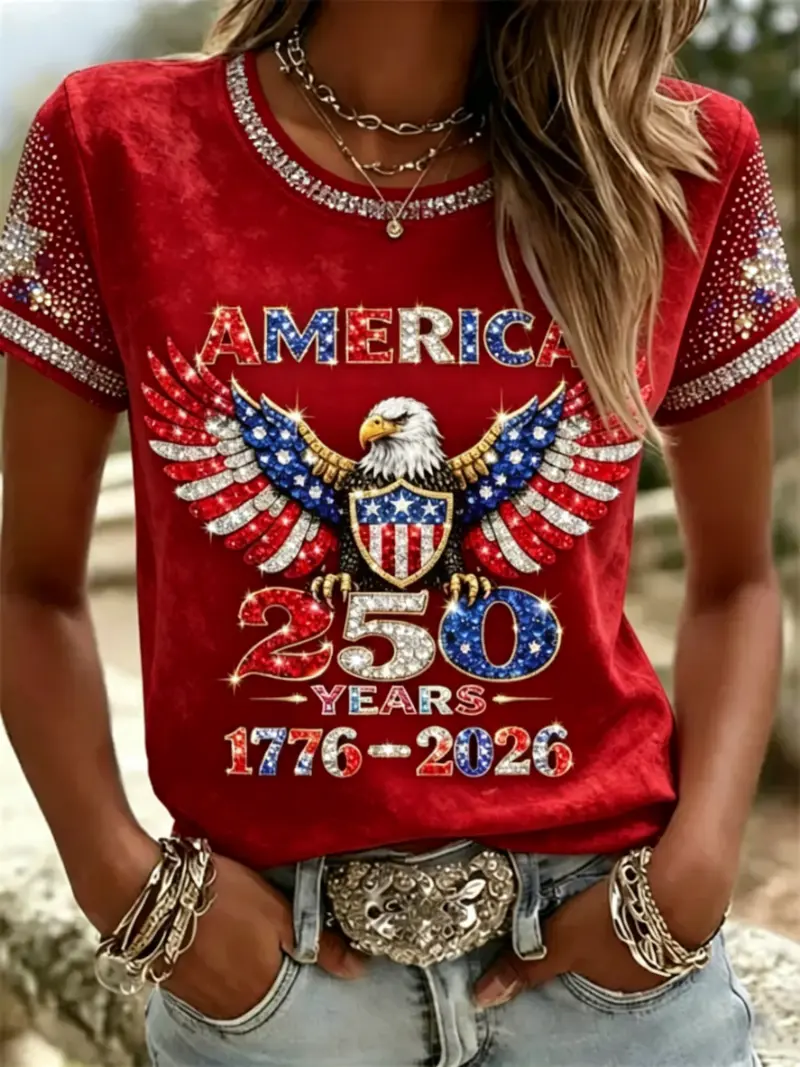 Women's Patriotic Eagle Rhinestone Short Sleeve T-Shirt