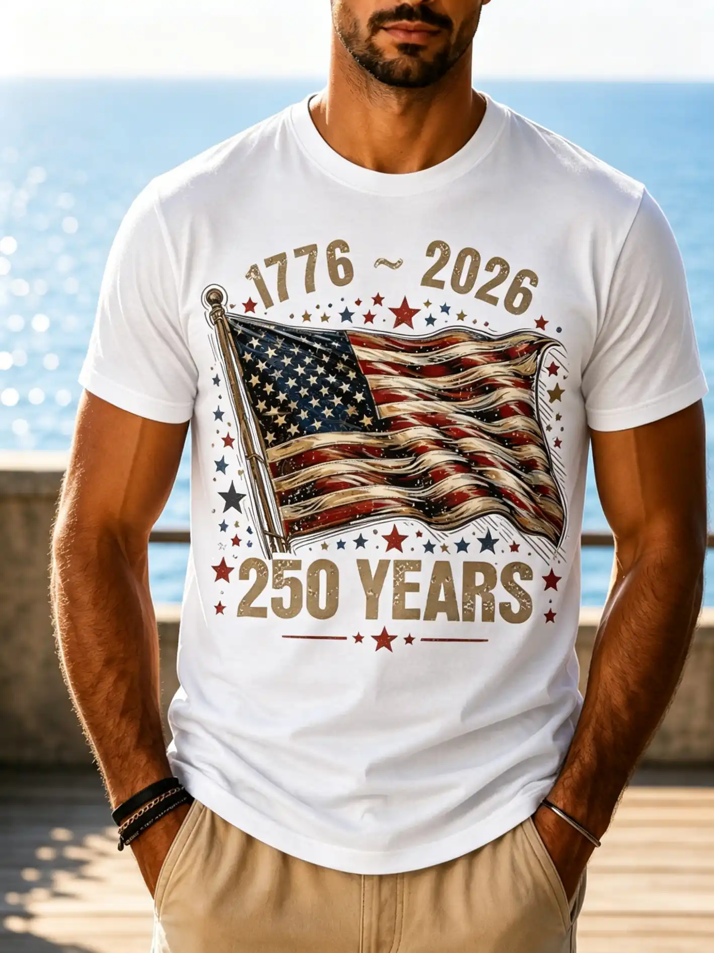 Men's Vintage Distressed USA Flag 1776-2026 250 Years Crew Neck Short Sleeve Casual Tee
