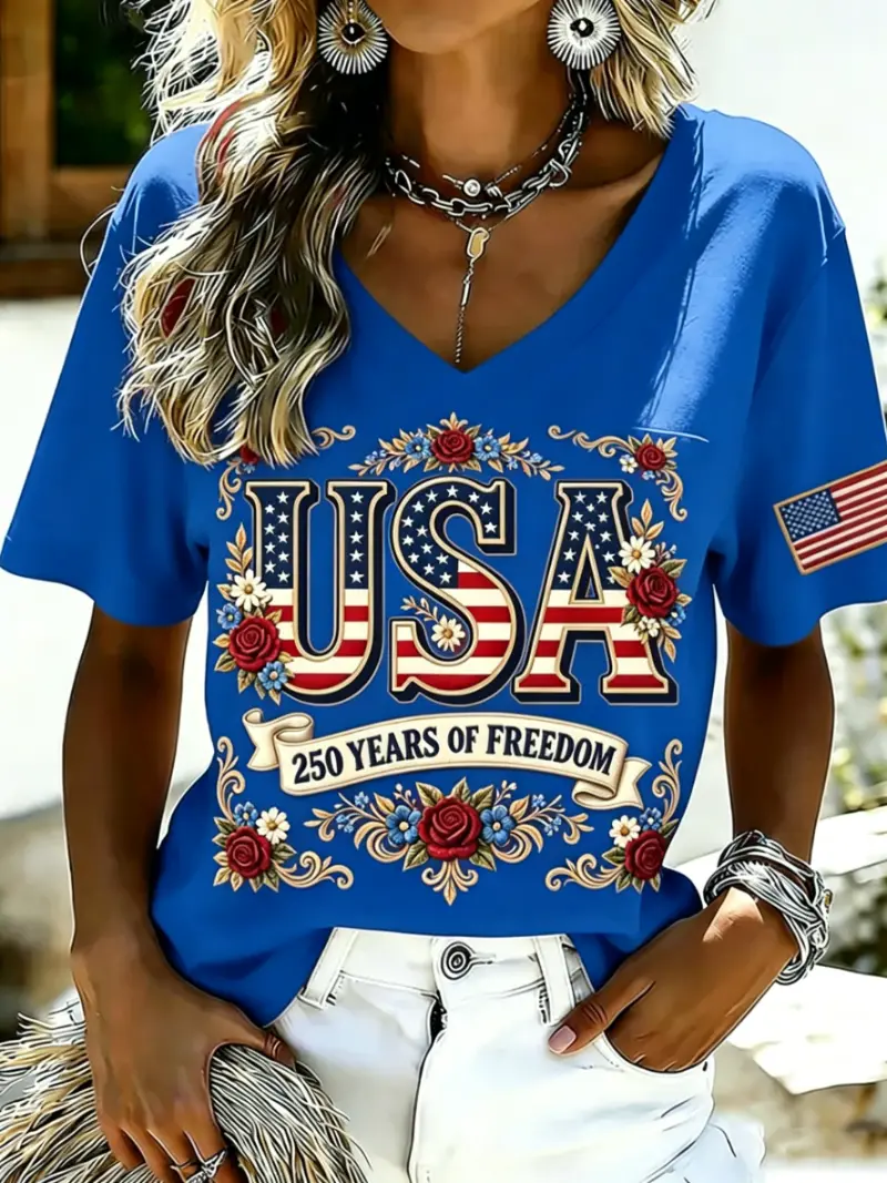 Women's Patriotic Floral USA Short Sleeve T-Shirt
